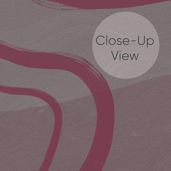 Close up of Dusty rose abstract wallpaper featuring bold curved lines and layered gray neutral tones for a sophisticated modern bedroom or living room.