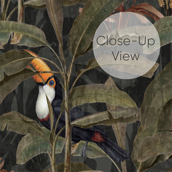 Close up of vintage tropical bird wallpaper featuring black and white toucans with bright orange beaks perched among banana leaves against a dark rainforest backdrop.