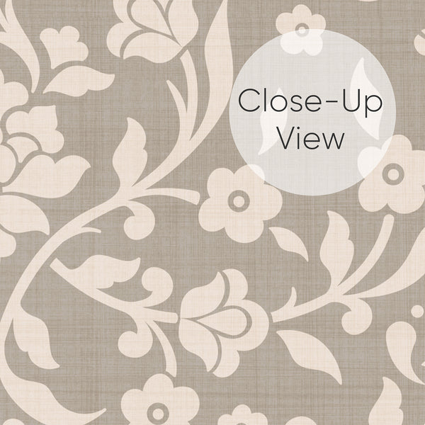 Close up of neutral floral peel and stick wallpaper featuring large cream blossoms, decorative leaves and scrolling vines in a vintage-inspired damask botanical pattern.