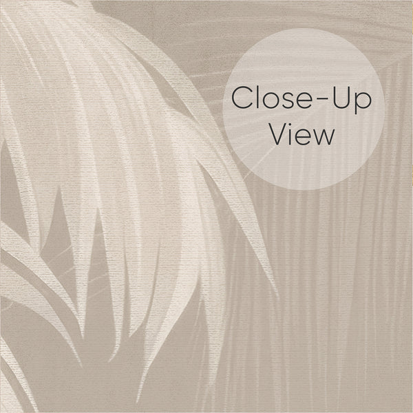 Close up of beige botanical wallpaper with elegant palm trees, feathery fronds and softly layered tropical foliage on a warm neutral background.
