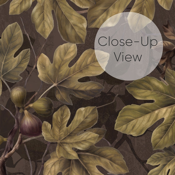 Close up of dark botanical peel and stick wallpaper featuring antique-style fig tree branches, muted green foliage and purple fruits for a moody living room.