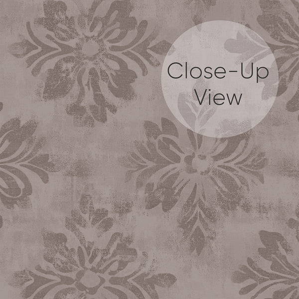 Elegant taupe floral damask wallpaper in a bedroom setting, showcasing decorative medallions suited for classic interior designs. This self-adhesive wallpaper offers temporary decor with a muted palette and gentle pattern, appealing to designers and renters seeking sophistication.