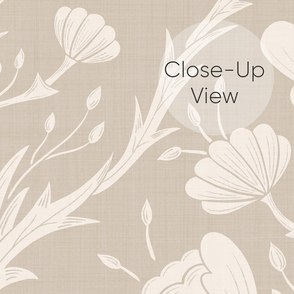 Vintage floral wallpaper with scrolling acanthus columns in beige, offering a classic decorative presence for bedrooms. The tonal palette and soft highlights enhance French country and traditional interiors.