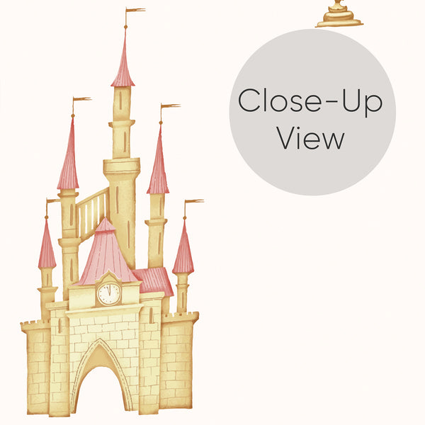 Close up of pink and gold princess wallpaper with small repeating fairy tale icons, including a castle, carriage, crown, mirror, flowers and royal accessories.