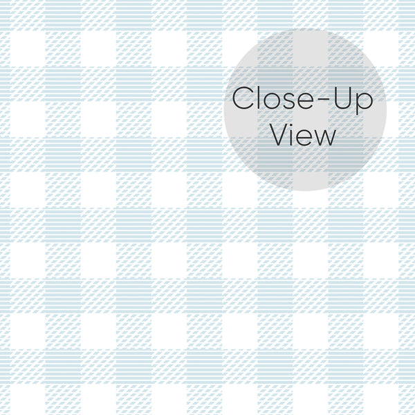 Close up of blue gingham wallpaper featuring a classic woven-style check pattern in soft blue and white for a fresh farmhouse or kids bedroom.