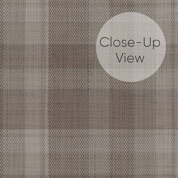 Close up of taupe checkered wallpaper showcasing a timeless tartan pattern with subtle woven texture and soft earthy tones, perfect for a vintage cottage style bedroom.