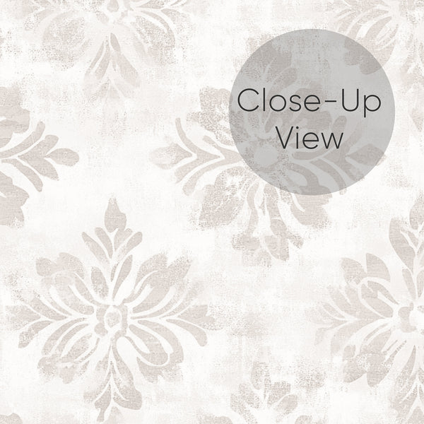 Warm beige and taupe damask repeat pattern, featuring floral medallions and leaf details on an off-white ground. This eco-friendly removable wallpaper is ideal for renters and decorators looking to add a touch of classic elegance to bedrooms or living rooms, with its hand-brushed look and easy repositioning.