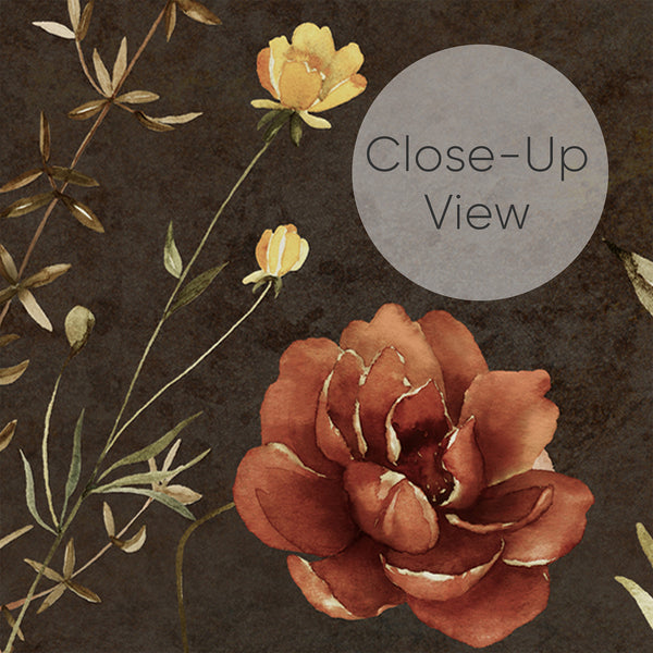 Close up of vintage botanical wallpaper with scattered meadow flowers and fine stems in earthy tones, creating a romantic dark floral look for bedroom or nursery walls.