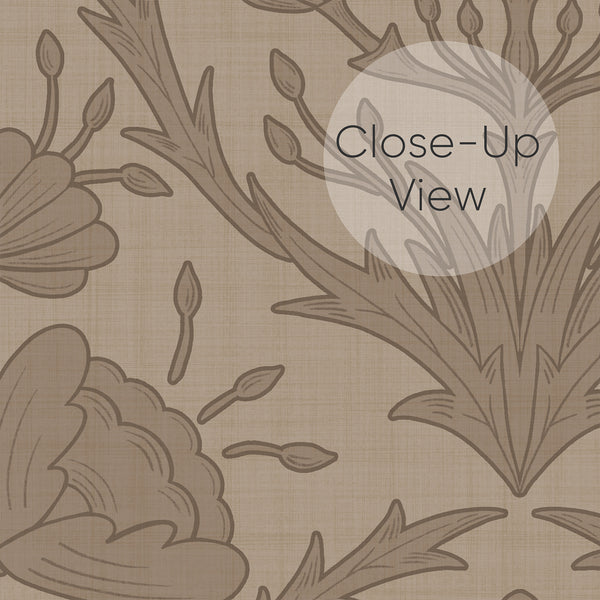 Stylized floral stems in taupe brown hues creating a vintage feel, suitable for cottagecore or traditional interiors. This pre-pasted wallpaper offers an easy-to-apply, temporary decor solution, perfect for adding gentle pattern to living spaces.
