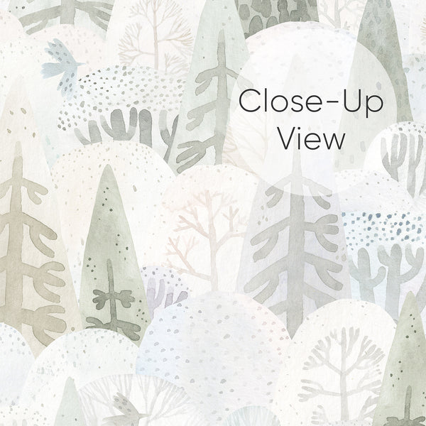 Close up of Neutral forest peel and stick wallpaper featuring stylized pine trees, delicate woodland birds and layered botanical shapes in muted earthy colors.