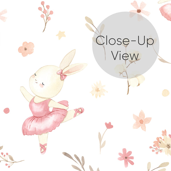 Close up of whimsical nursery wallpaper featuring a pink ballerina rabbit surrounded by delicate florals, cotton stems, leaves, and stars in soft neutral colors.