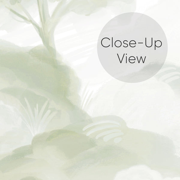 Close up of sage green forest wallpaper featuring delicate watercolor trees, layered foliage and subtle birds in a soft neutral palette for a serene bedroom wall.