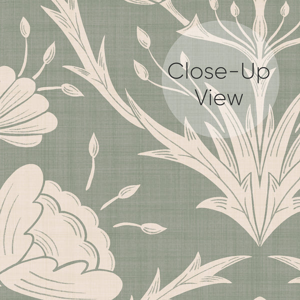 Eco-friendly sage floral wallpaper with linen-like grain, ideal for Arts and Crafts dining room decor.
