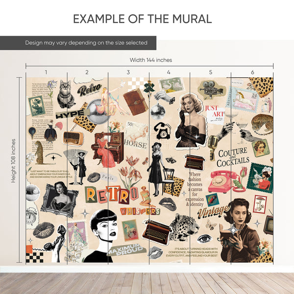 Vintage ephemera mural with halftone portraits and leopard spots, perfect for a boutique or glam bedroom. This wallpaper creates a dense, artistic collage on a matte surface, ideal for a feature wall.