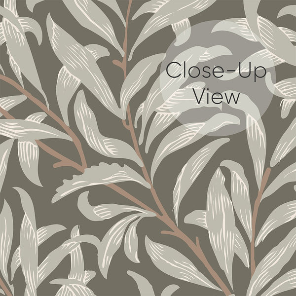 Leafy willow branch design with hand-drawn appearance on a taupe-brown ground. Suitable for a bedside feature wall, this traditional unpasted wallpaper brings a heritage-inspired look with ease of application.