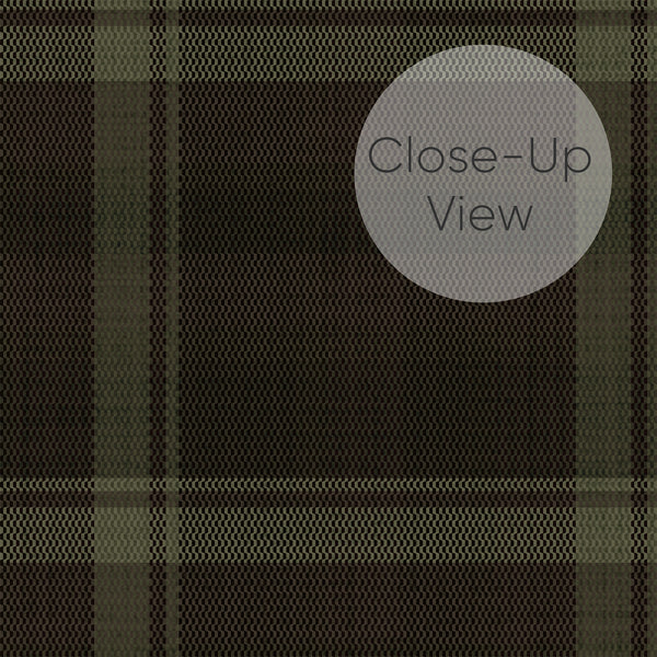 Close up of dark green and black plaid wallpaper with bold rectangular checks and subtle woven-style detailing, ideal for dark academia bedroom decor.
