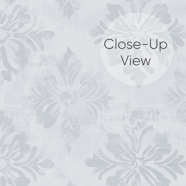 Damask wallpaper featuring floral-medallion motifs with a rhythmic repeat, suitable for creating a serene atmosphere in bedrooms or living rooms.