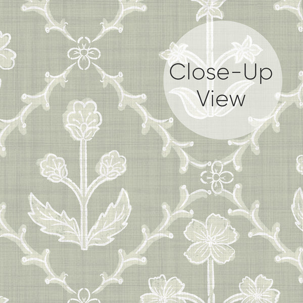 Sage Green Linen Floral Lattice Wallpaper L122