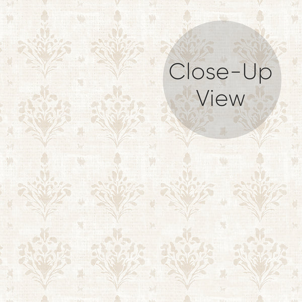 Close up of beige floral damask wallpaper with softly distressed ornamental details and a neutral textured background for bedroom, living room or dining room walls.