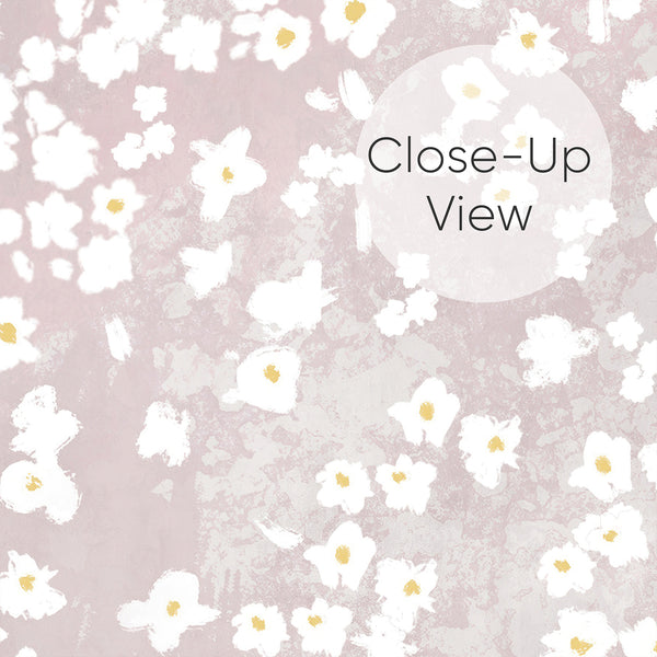 Close up of pastel floral wallpaper with clusters of small white flowers against a dusty pink background, designed for a soft feminine bedroom or nursery wall.