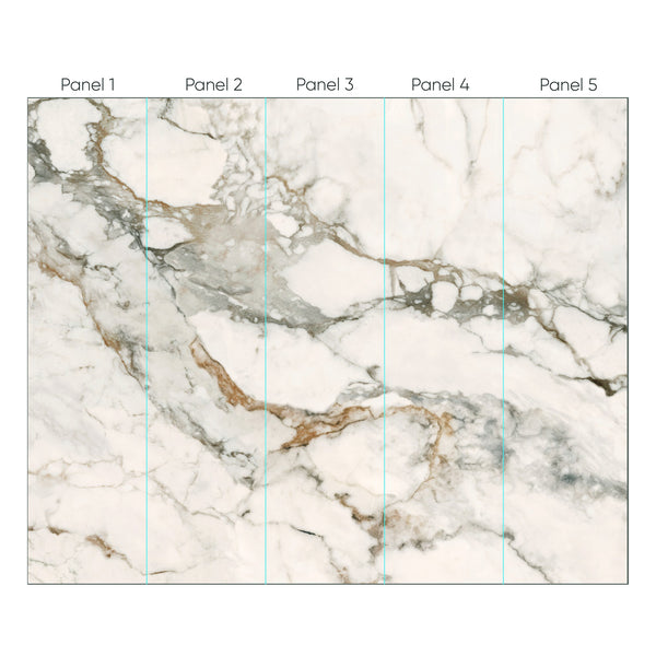 White marble wallpaper mural featuring dramatic gray and warm beige stone veining with subtle gold-toned accents, creating an elegant modern living room accent wall.