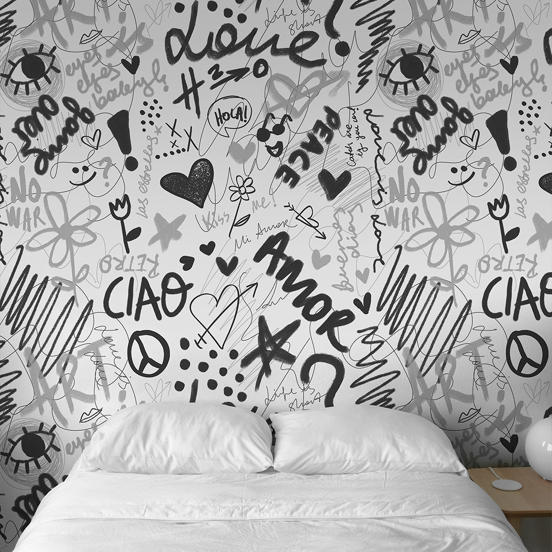 Black and White Love Graffiti Wallpaper in a bedroom interior