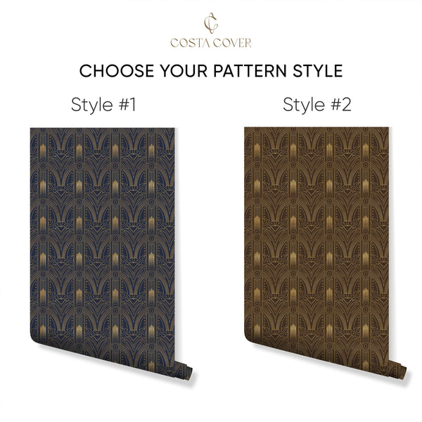 Blue Brown Gold Art Deco Wallpaper CC320 - CostaCover - Peel and stick Removable Wallpaper - Abstract Beige Gold Stripes Waves Removable Wallpaper near me - accent wallpaper - adhesive wallpaper