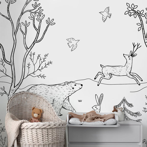 Black & White Forest Animals Wall Mural SM017 - CostaCover - Peel and stick Removable Wallpaper - accent wallpaper - adhesive wallpaper - animal print