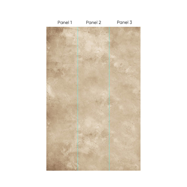 Vertical Limewash Plaster Wall Mural with broad, irregular washes and mottled textures in warm beige and sandy ochre. Subtle tonal bands and soft abrasion marks offer a worn, painterly character. Ideal as a neutral textured backdrop for wabi-sabi or modern rustic interiors in bedrooms or living rooms. Made in the USA from easy-to-install, eco-friendly materials.