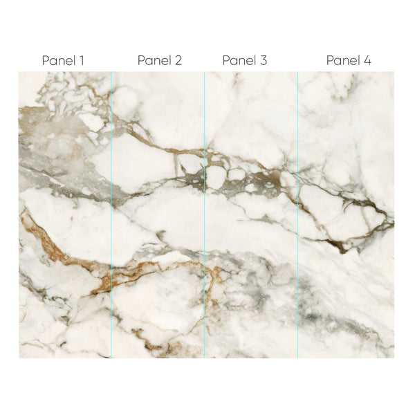 White marble wallpaper mural featuring dramatic gray and warm beige stone veining with subtle gold-toned accents, creating an elegant modern living room accent wall.
