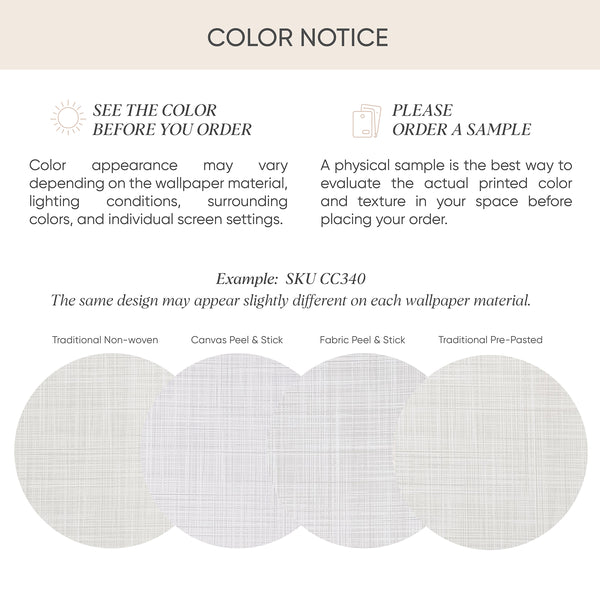 Color infographic explaining that wallpaper appearance may vary by material, lighting, surrounding colors, and screen settings, with a recommendation to order a physical sample before purchasing.