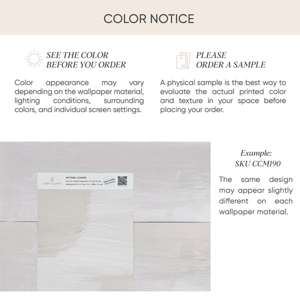 Color infographic explaining that wallpaper appearance may vary by material, lighting, surrounding colors, and screen settings, with a recommendation to order a physical sample before purchasing.