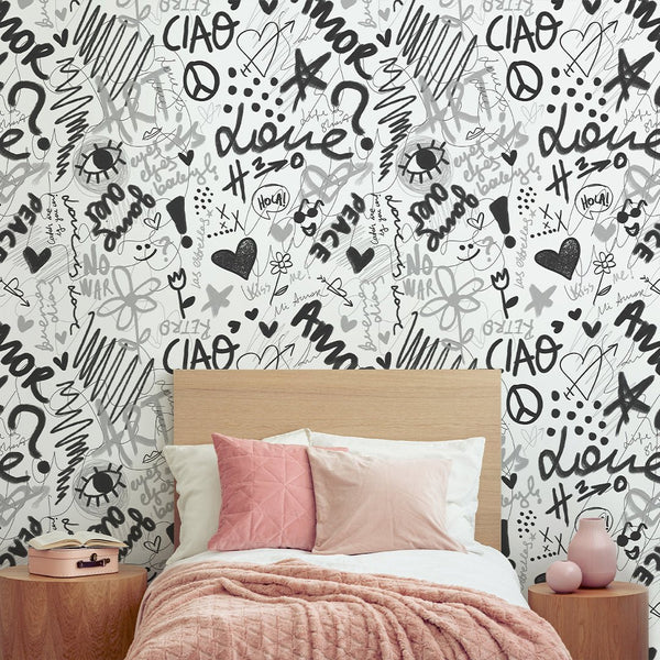 Black & White Love Graffiti Wallpaper W062 - CostaCover - Peel and stick Removable Wallpaper - Abstract - abstract lines - abstract wall art