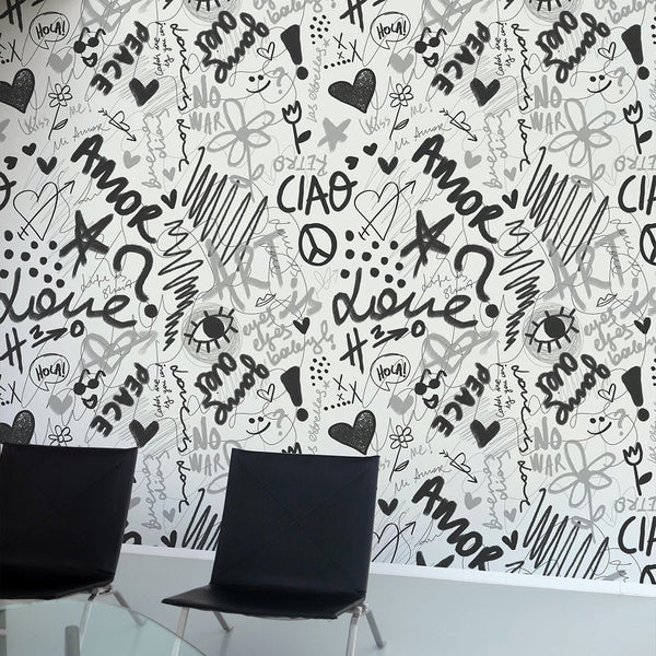 Black & White Love Graffiti Wallpaper W062 - CostaCover - Peel and stick Removable Wallpaper - Abstract - abstract lines - abstract wall art