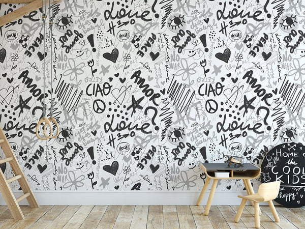 Black & White Love Graffiti Wallpaper W062 - CostaCover - Peel and stick Removable Wallpaper - Abstract - abstract lines - abstract wall art