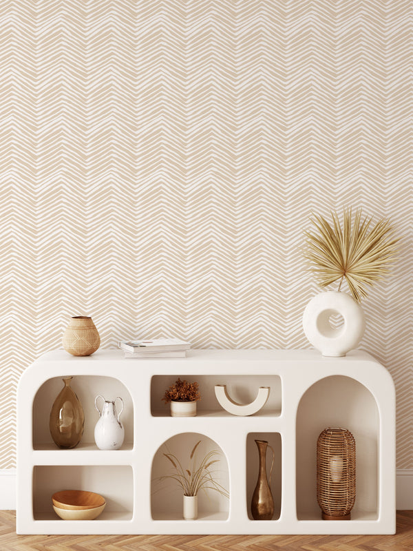 Chevron Beige Lines Wallpaper CC034 - CostaCover - Peel and stick Removable Wallpaper - bathroom wallpaper - bedroom interior - beige wallpaper