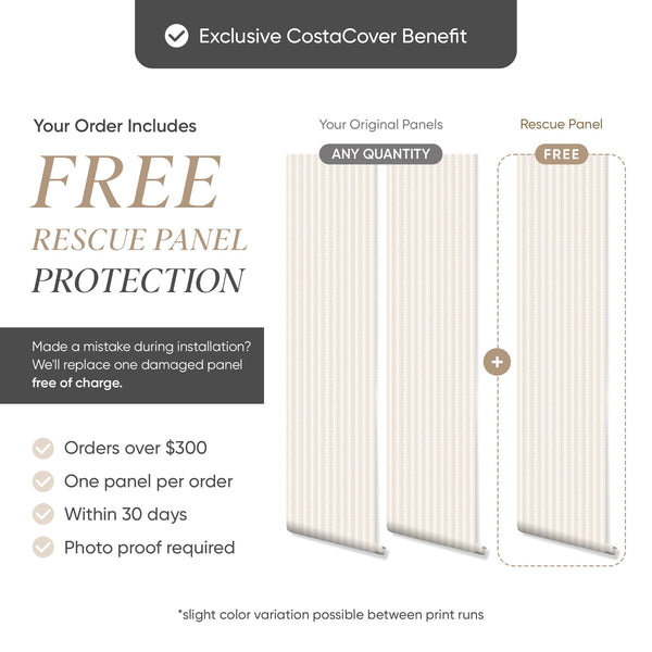 Exclusive CostaCover benefit infographic: your order includes free Rescue Panel Protection — if you make a mistake during installation we replace one damaged wallpaper panel free of charge. Conditions: orders over $300, one panel per order, claim within 30 days, photo proof required.
