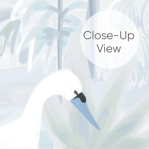 Close up of light blue landscape wallpaper with white swans, lush foliage, butterflies and dreamy mountain scenery for a peaceful bedroom accent wall.