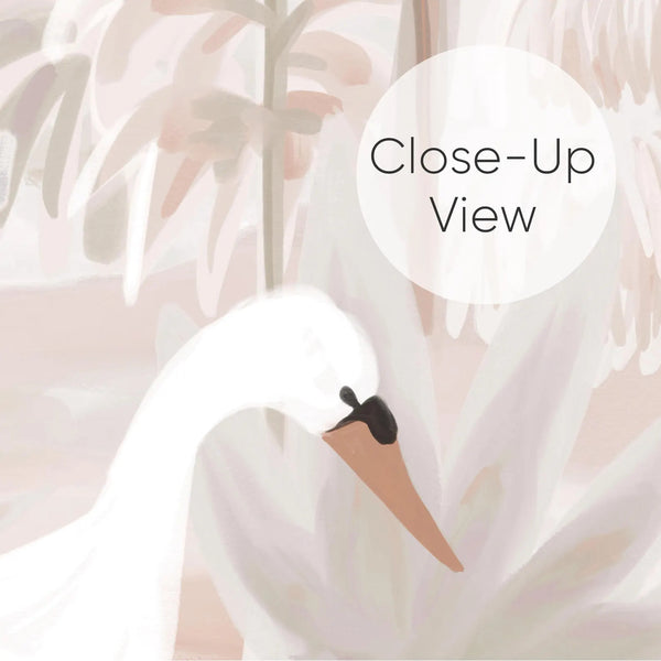 Close up of wall mural featuring Japanese swans among soft trees, water and distant hills in muted blush, beige, green and gray tones.