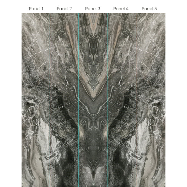 Bookmatched marble wall mural with V-shaped charcoal, slate gray, taupe, and creamy white veins, creating a dramatic focal point in living rooms or offices. High-quality removable material, easy to apply and reposition, ideal for renters and decorators. The design's large-scale symmetry offers a polished architectural accent for modern interior design, enhancing home decor with a gallery-like ambiance.