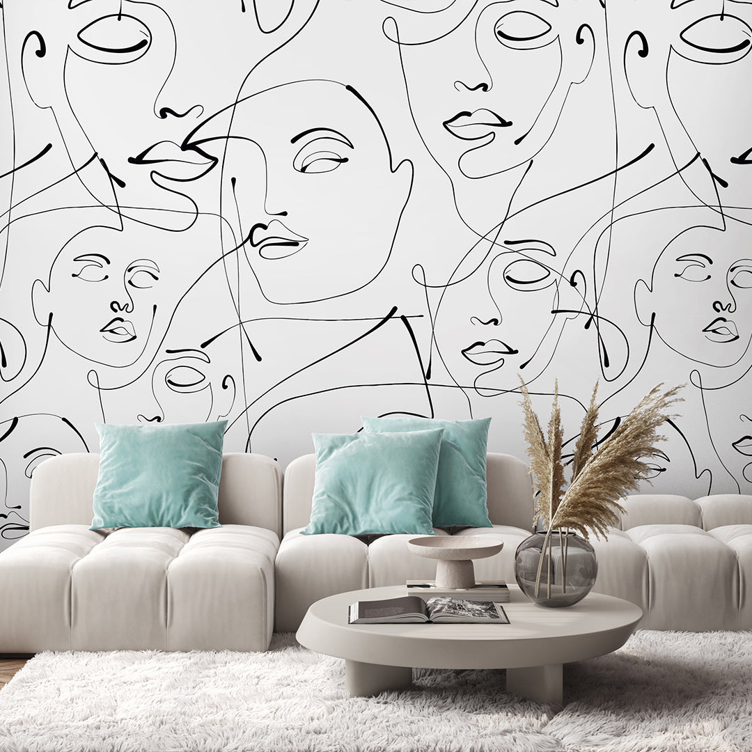 Black & White Line Art Face Wall Mural CCM146