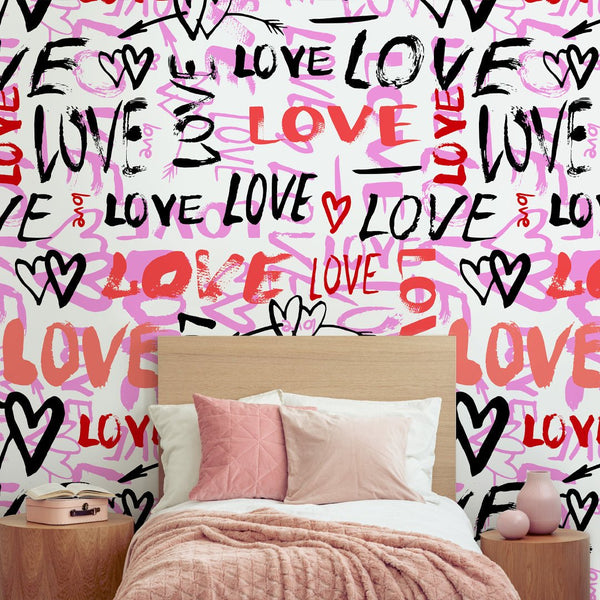 Pink Red Love Graffiti Wallpaper W063 - CostaCover - Peel and stick Removable Wallpaper - Abstract - abstract lines - abstract wall art
