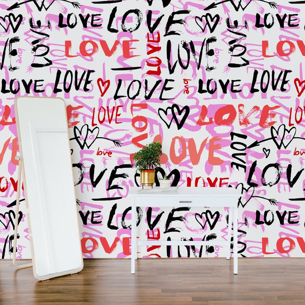 Pink Red Love Graffiti Wallpaper W063 - CostaCover - Peel and stick Removable Wallpaper - Abstract - abstract lines - abstract wall art