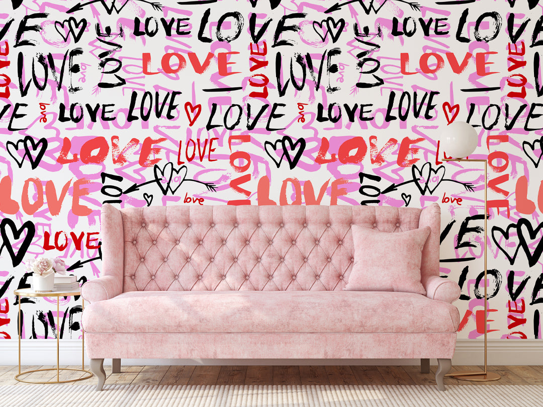 Girls Pink Red Love Graffiti Self Adhesive Wallpaper W063