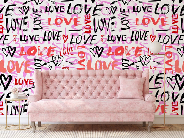 Pink Red Love Graffiti Wallpaper W063 - CostaCover - Peel and stick Removable Wallpaper - Abstract - abstract lines - abstract wall art