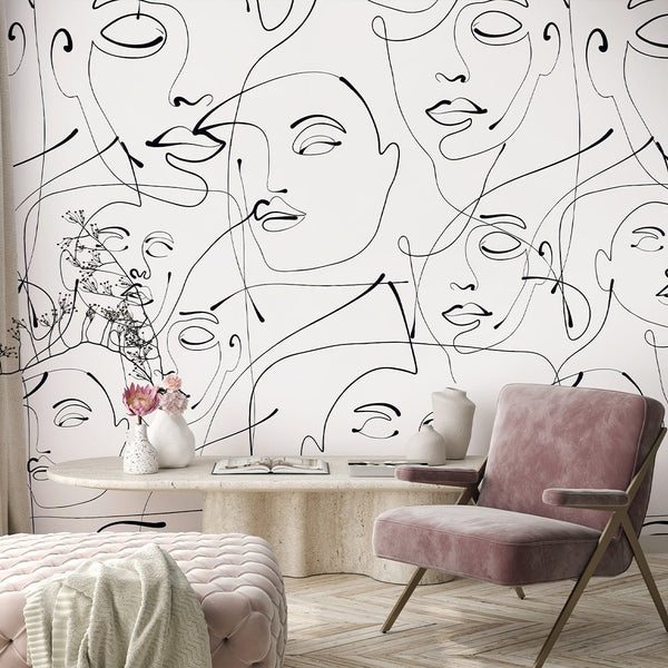 Black & White Line Art Face Wall Mural CCM146 - CostaCover - Peel and stick Removable Wallpaper - Abstract - abstract lines - abstract wall art