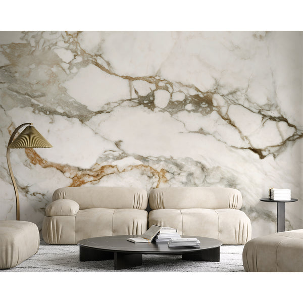 Luxury marble wall mural with realistic ivory white stone texture, flowing gray veins, and warm golden brown details for sophisticated contemporary interiors.
