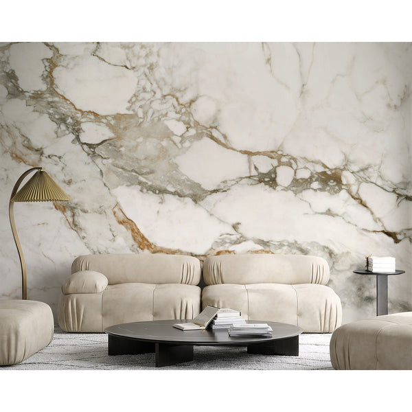 Luxury marble wall mural with realistic ivory white stone texture, flowing gray veins, and warm golden brown details for sophisticated contemporary interiors.
