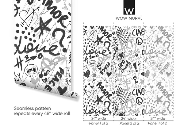 Black & White Love Graffiti Wallpaper W062 - CostaCover - Peel and stick Removable Wallpaper - Abstract - abstract lines - abstract wall art