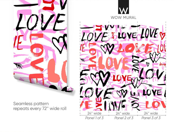Pink Red Love Graffiti Wallpaper W063 - CostaCover - Peel and stick Removable Wallpaper - Abstract - abstract lines - abstract wall art
